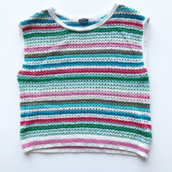 TALBOTS Sleeveless Crochet Colorful Striped Sweater Open Knit Women Large Petite - Picture 2 of 7